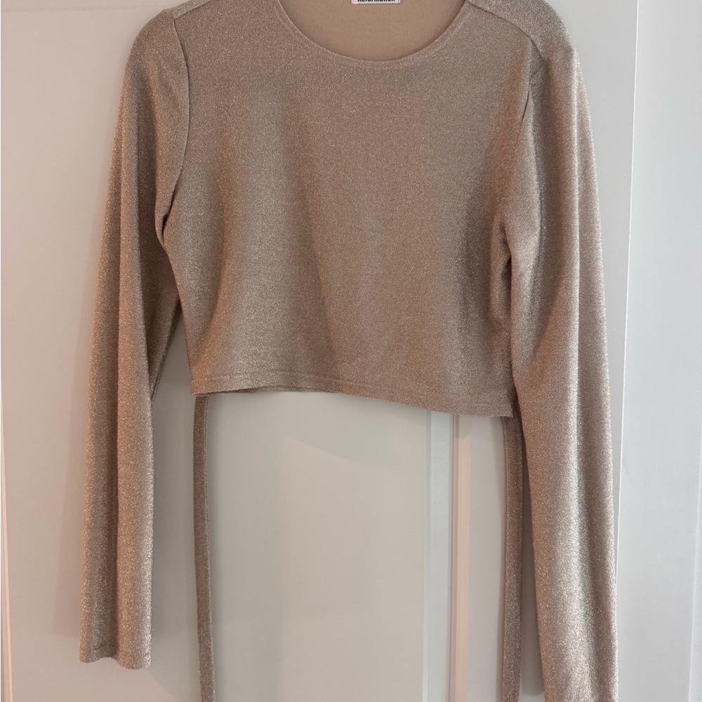 Reformation Shimmering Silver Long Sleeve Crop Top